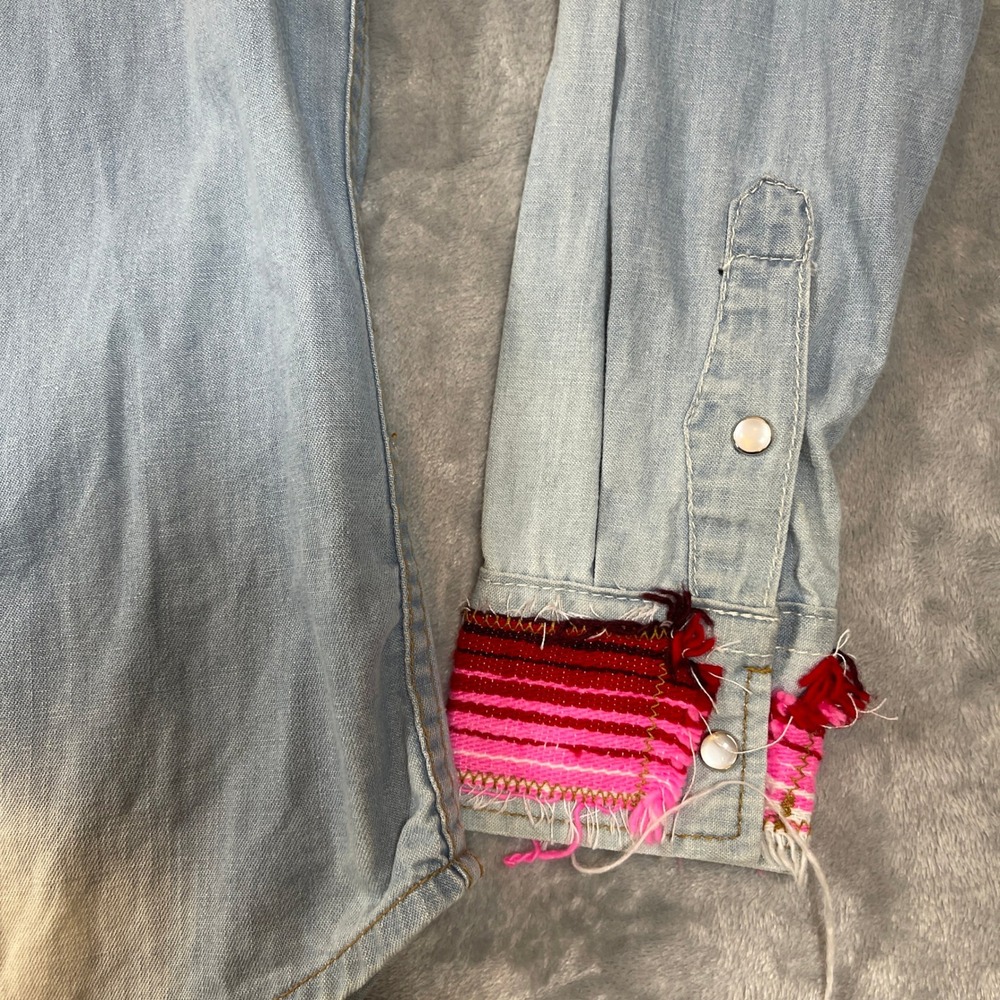 Free People Shirt Small Artisan De Luxe Denim Western Serape Patchwork Bleached - Picture 4 of 8